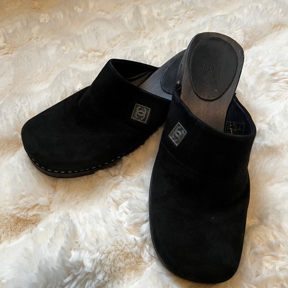 Vintage CHANEL Suede CC Wooden Clogs Studded in Black